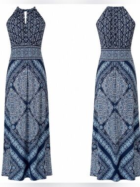 Coastal Maxi Dress Blue White Medallion Print Halter Dress - London times- 10